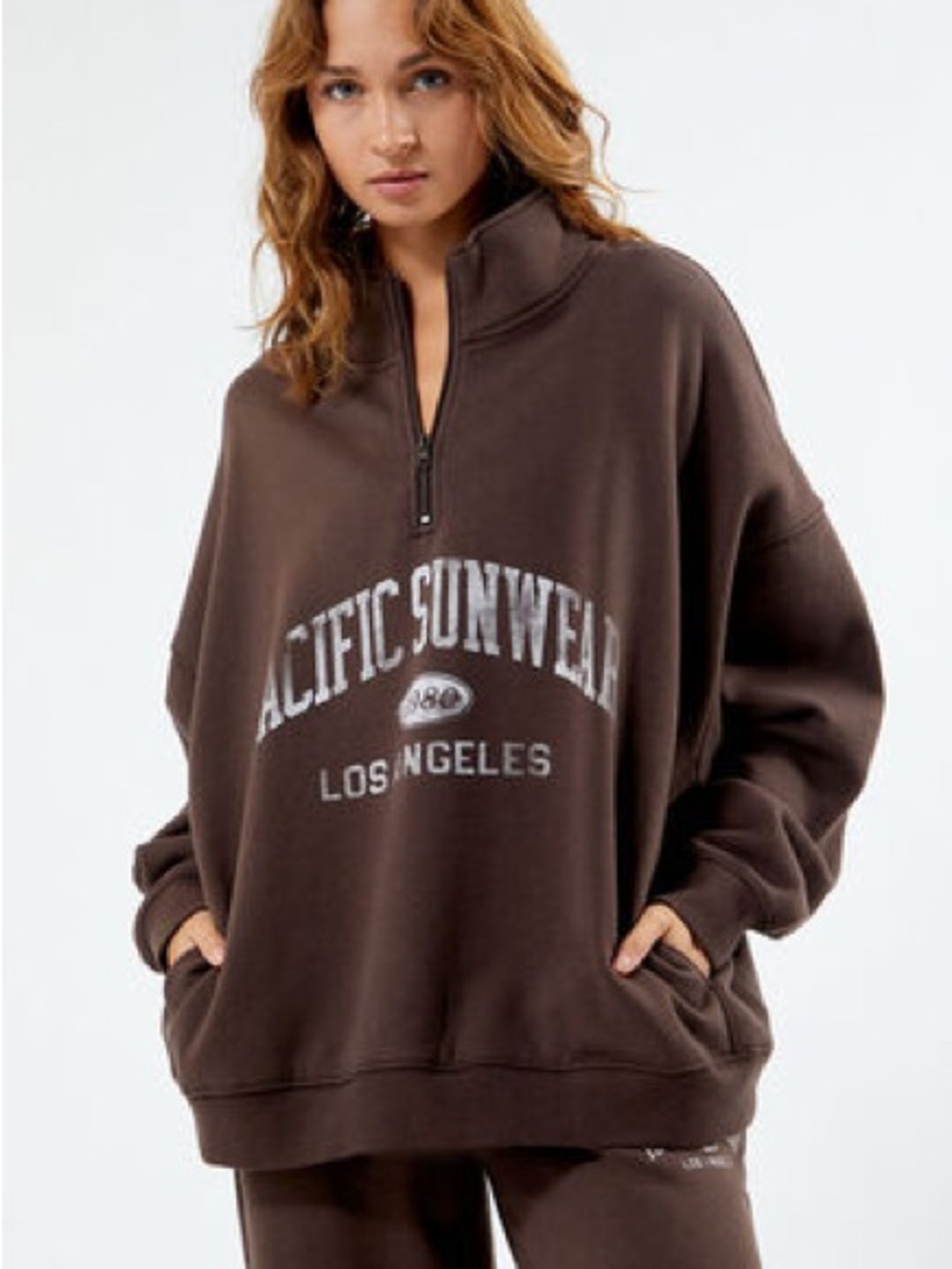 Pacsun Pacific Sunwear Chocolate Brown Long Sleeve Logo Quarter Zip Sweatshirt